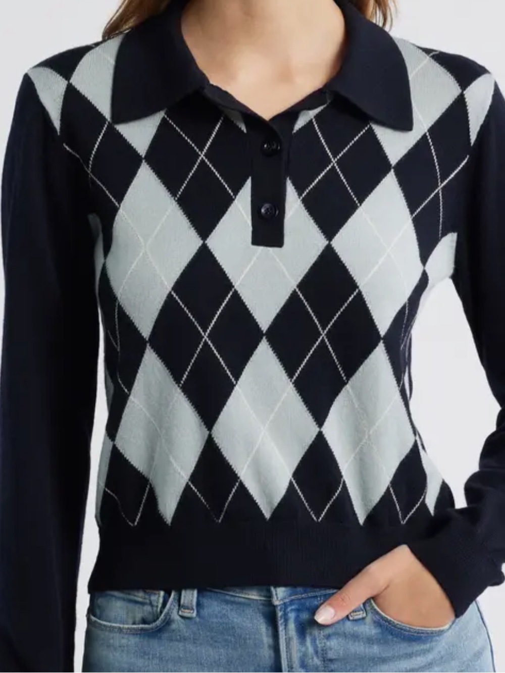 Frame Women's Black and Light Gray Argyle Polo Sweater size s/p NWT